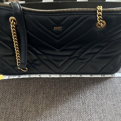 DKNY Black Chevron Quilted Shoulder Bag Gold Hardware Chain Strap Zip Accent