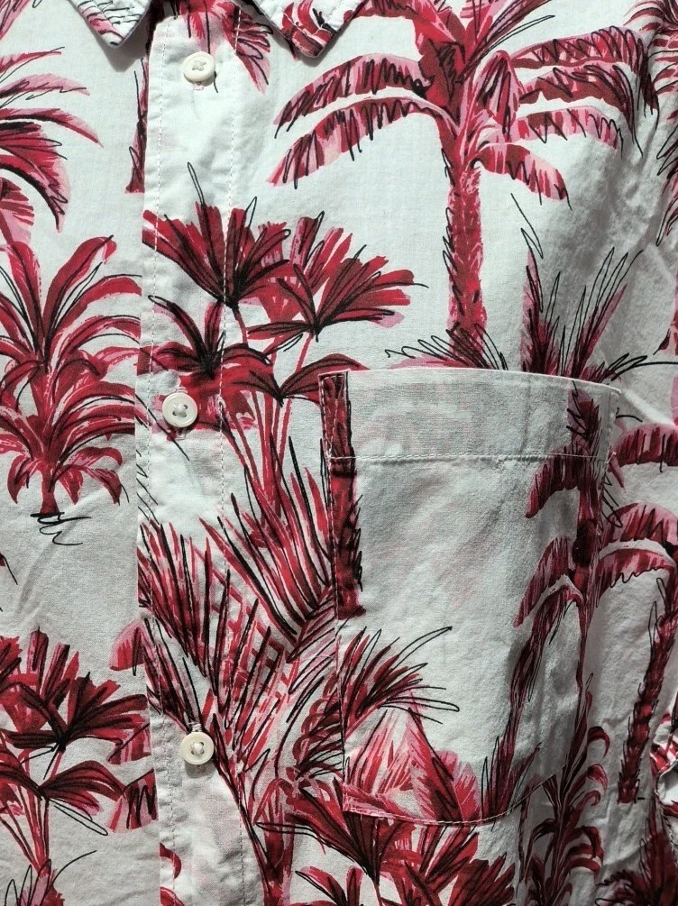 H&M Button Down Shirt Tropical Palm Leaf Print Short Sleeve Red Resort Black L thumbnail 12