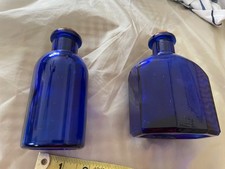 set 2 Blue Cobalt Glass Decorative Bottles w/ Cork Stopper Glossy Unusual shape