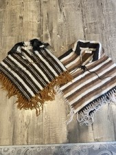 Peruvian Baby Alpaca Poncho Fringe Brown Tan Black Hand Woven ART TO WEAR OS