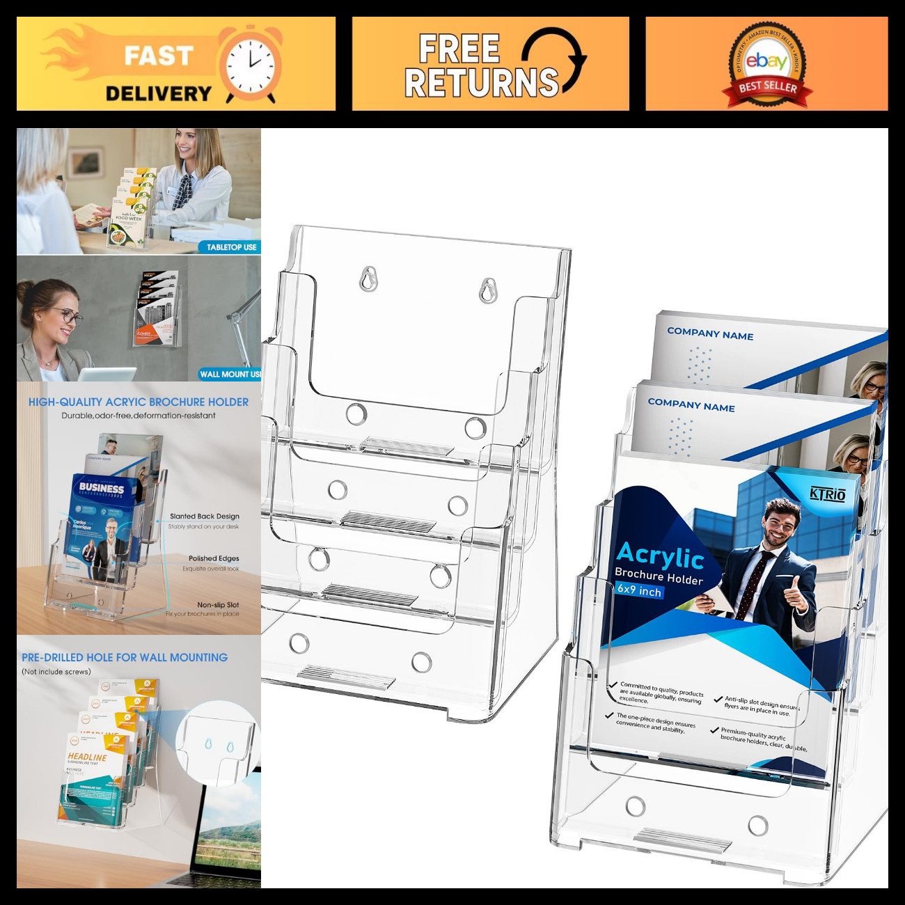 4 Tier Acrylic Brochure Holder 6x9 - 2 Pack, Desktop & Wall Mount Display Stand