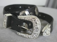 Western Leather Belt w Engraved Star Conchos Floral Keeper Tip  Buckle 50.5" L