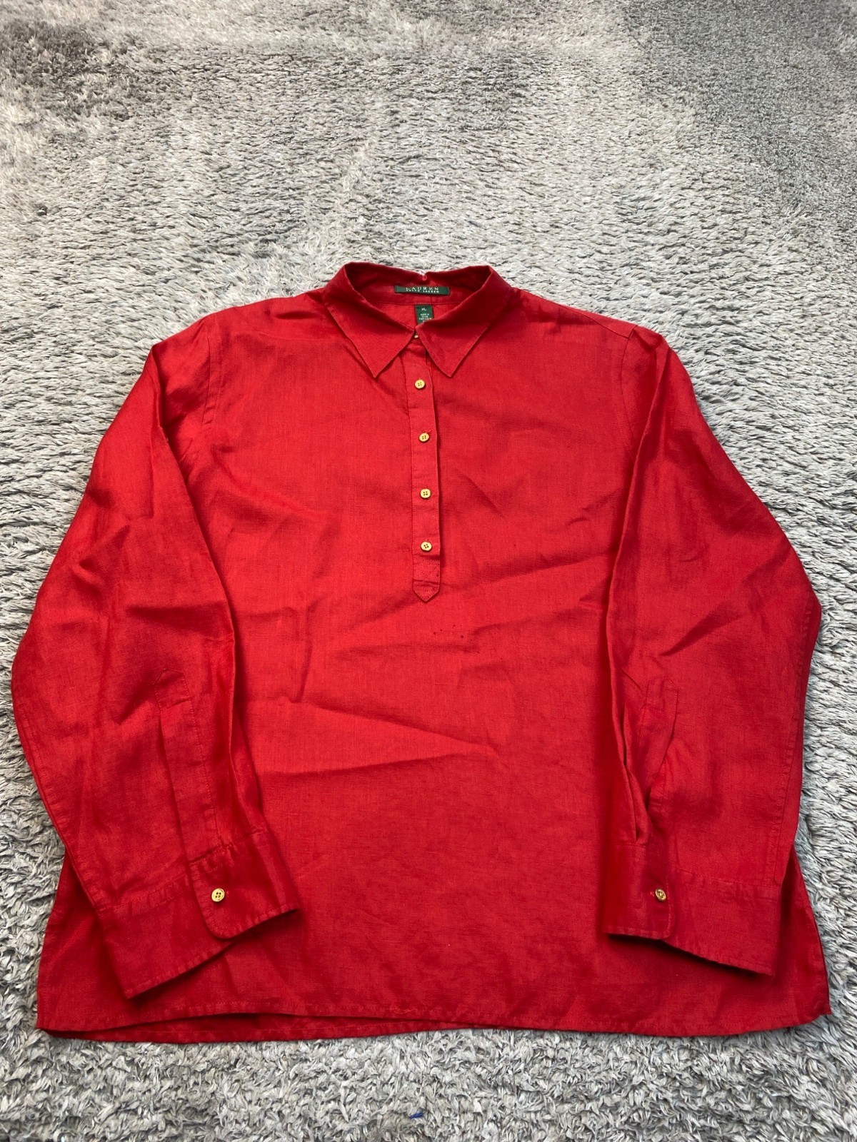 Ralph Lauren Top Women XL Red Linen Roll Tab Long Sleeve Henley Popover Blouse