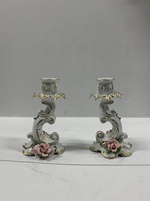 2 VINTAGE PORCELAIN CANDLESTICKS W/ ROSES DRESDEN ALKA KUNST W/ GOLD ACCENTS