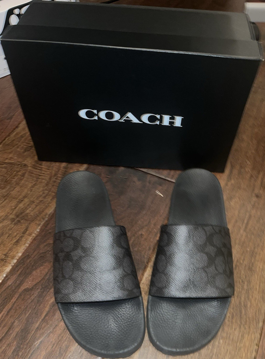Coach Men's Black Logo Leather Slide Sandals Slip-On US 11 Casual