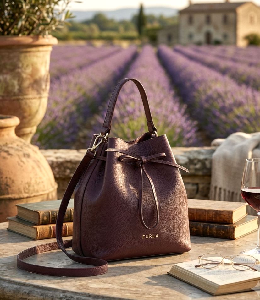 FURLA Costanza Dark Burgundy Leather Small Drawstring Bucket Tote