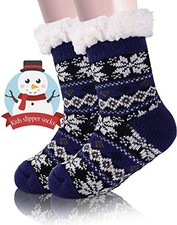 Girls Slipper Fuzzy Socks Kids Boys Fluffy Fleece Lined 5-9 Years Dark Blue a