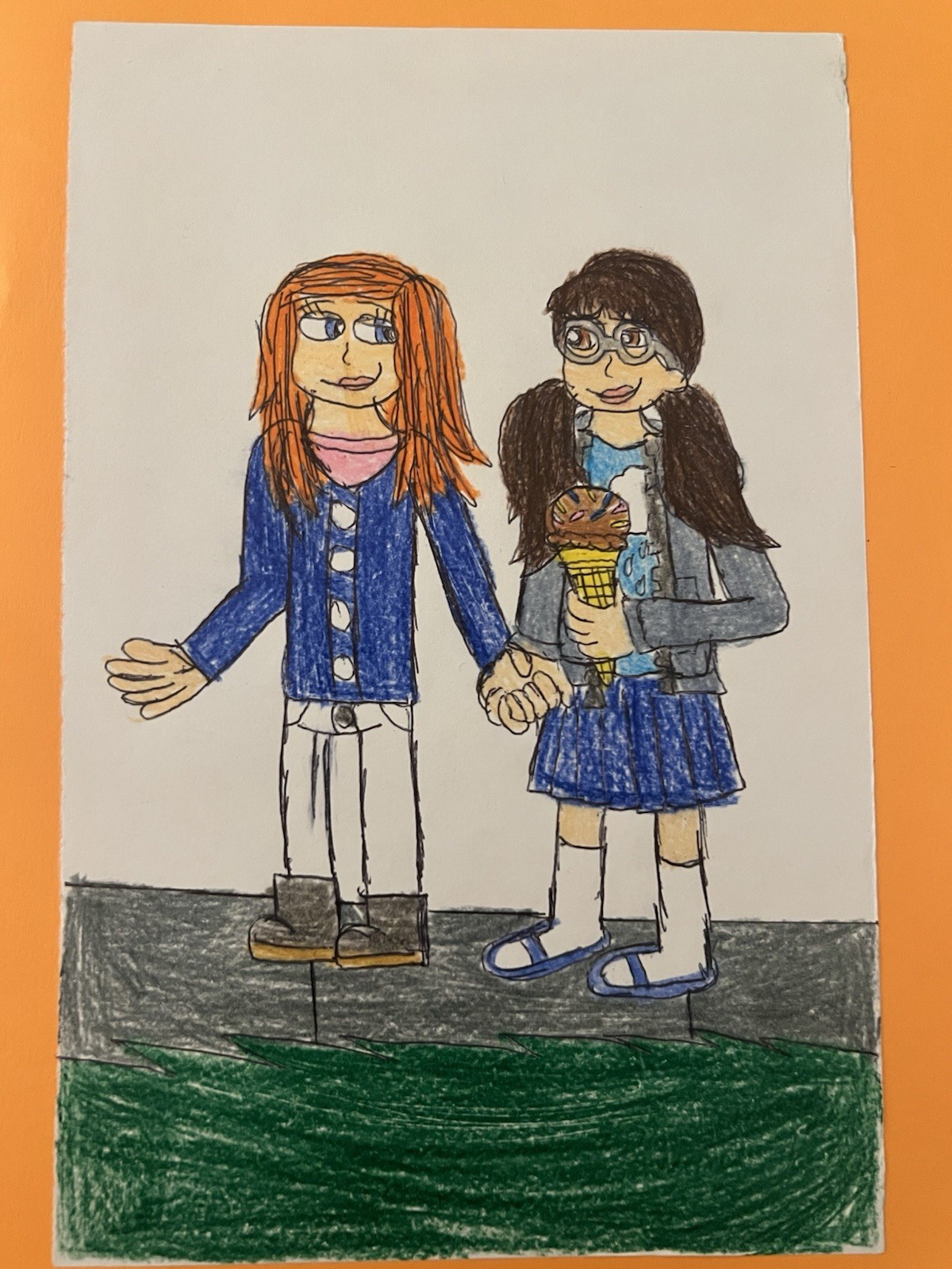 Harry Potter Fan Art, Wizarding Sisters - “Park Stroll” On Orange Parchment