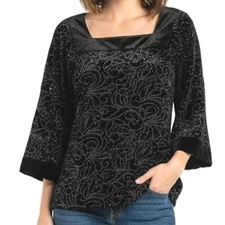 Black Velvet Embellished Square Neck Top Size M Fairycore Romantic Cottagecore