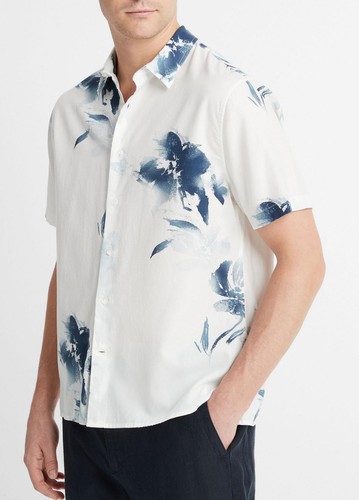 Vince Mens Classic fit Short Sleeve Button-Up Shirt Small White Blue Floral