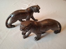 Pair of Indonesian Signed Hand Carved Mahogany Panther Miniatures – Artisan 