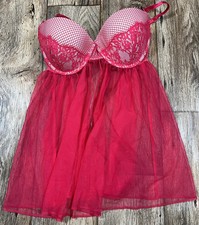 VTG Y2K Victoria's Secret Babydoll Top Negligee Lingerie Pink/Red Sheer 36D