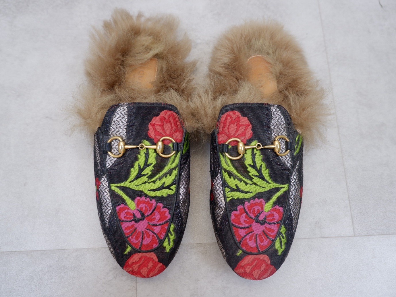 Gucci Tapestry Brocade Fur Lined Princetown Mules Slip On Flats Size Uk 4 Eu 37