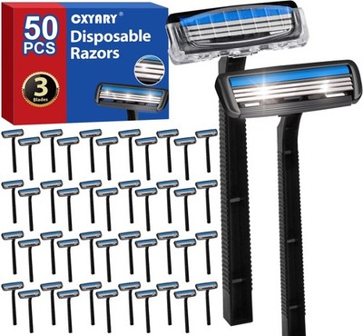 50 Pcs 3 Blade, Disposable Razors with, Clear Safety Cap Shaving Razors Bulk For