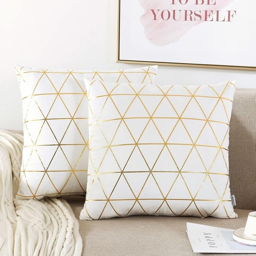 Pack of 2, Velvet Cushion Cover Gilded Throw Pillow Covers Gold Lines 45 x 45 cm - Picture 6 of 20