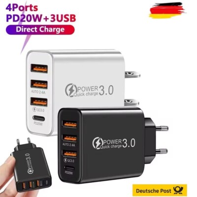 Schnell-Ladegerät 25W USB 2x 2.4A Typ A 1x QuickCharge 1x PD3+ Typ C 100V...240V