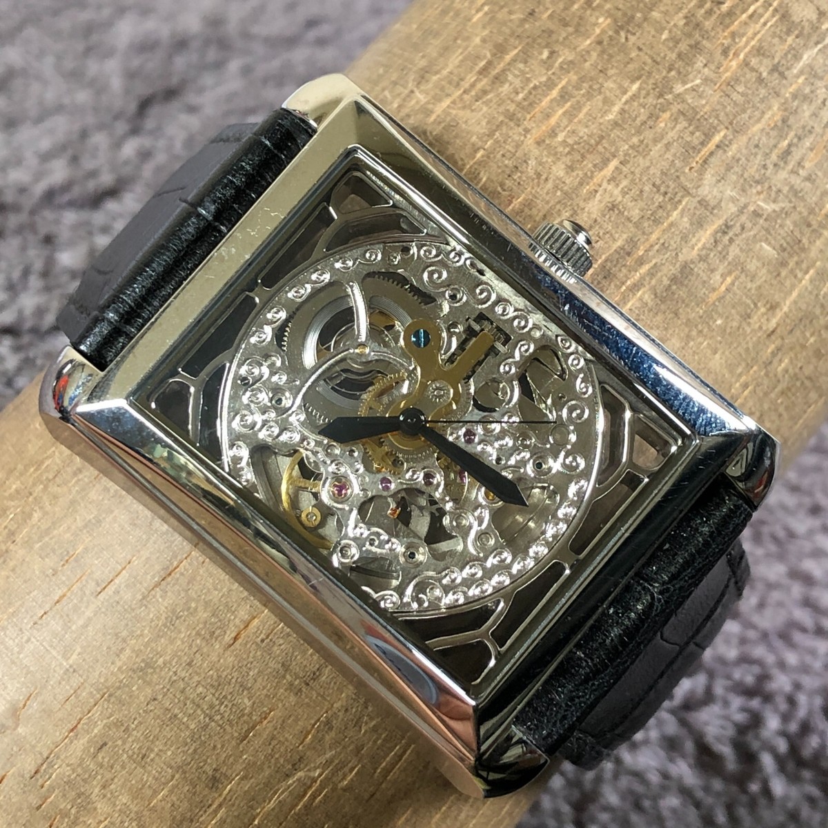 Akribos XXIV Men AK426SS Black Leather Rectangular 34mm Automatic Watch  3/4