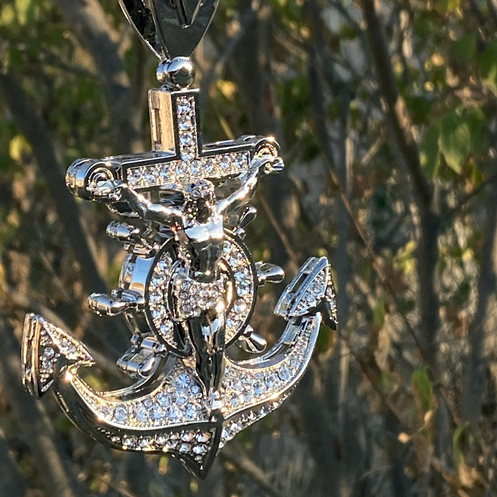 Huge Mariners Crucifix Cross Jesus Anchor CZ Cuban Hip Hop Chain Silver ...