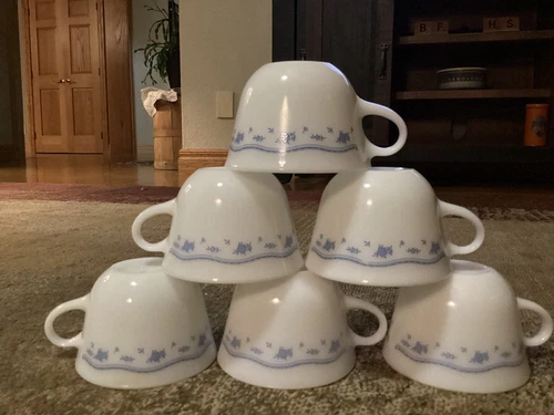 Set of 6 Vintage Corning Pyrex Morning Blue Coffee Cups or Mugs from the 1980's.