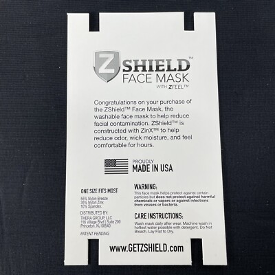 Zshield Zinc Infused Nylon / Spandex Face Mask Washable Made