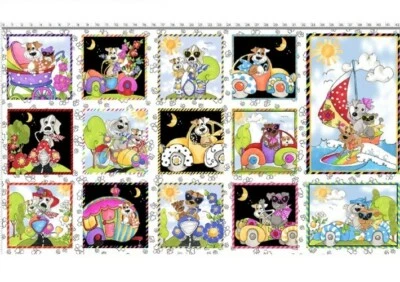 Loralie Designs Go Doggie - Sky Blue - Quilting & Crafting Panel w/ Cars & Dogs