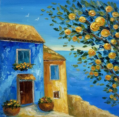 【F4号】good blue(spelling) 油絵 oil painting Original oil Painting Positano Art Italy Landscape Painting