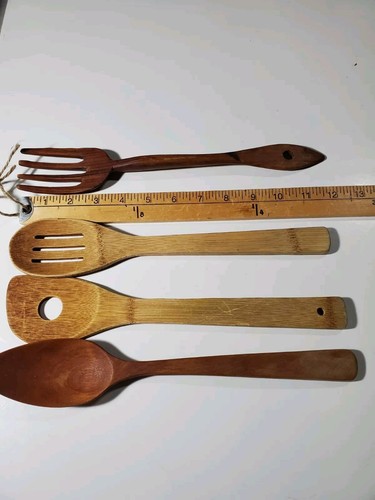 Vintage Wood Utensils Lot Of 4 Slotted Spoons Salad Fork Spoon Rustic Cooking - Picture 3 of 3