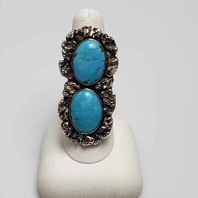 Navajo Signed Ronald Tom Sterling Silver Double Turquoise Large