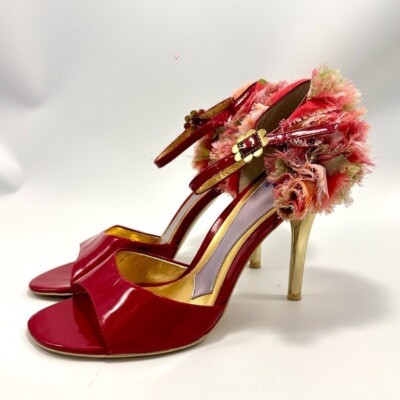Hale Bob patent red leather floral rosette heels size 8