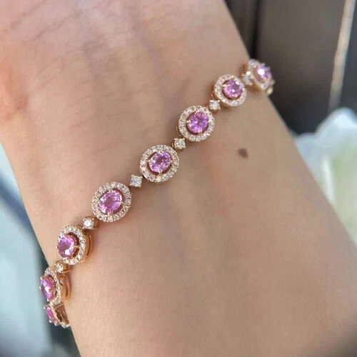8CT Oval Cut Pink Simulated Sapphire/CZ Tennis Bracelet 14K Yellow Gold Finish - Picture 2 of 7