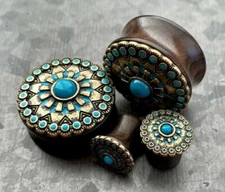 PAIR Turquoise Enamel Antique Gold Tribal Sun Ebony Wood Plugs Earlets Gauges