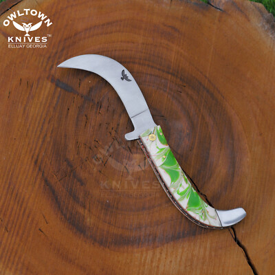 El Valiente 10'' LARGE Tranchete, Saca Tripas Knife, D2, horn, sheath GREEN SWIRL