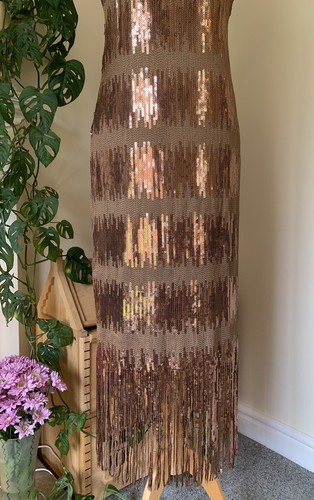 Wedding Races Party Copper Rosé Gold Sequin Fringe Cruise Elli White Dress 12 14 - Picture 10 of 24