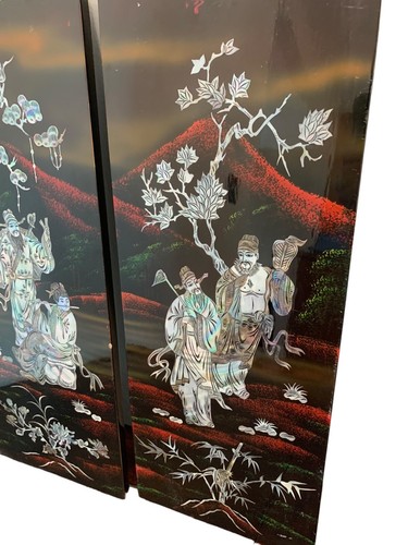 3 Vintage Asian Chinese MOTHER OF PEARL Black Lacquer Wall Plaque Panels 19.5”x8 - Picture 5 of 17