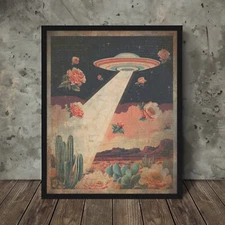 UFO DESERT ROSE Wall Art, Western Celestial Cactus Flower Alien Abduction Poster