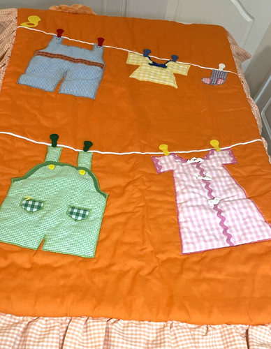 Vintage Baby Blanket Quilt Comforter 60 x 37 Clothes Line Orange Gingham RARE - Picture 4 of 13