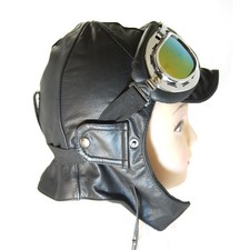 Cabriohaube Leder schwarz - Fliegermütze - Oldtimermütze mit Panorama Brille. 
