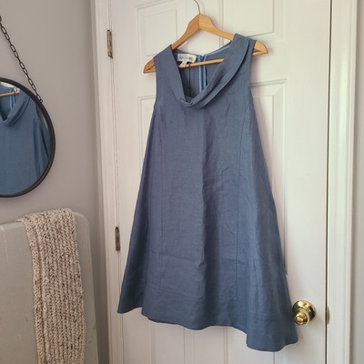 Sara Campbell Linen Rolled Collar Trapeze Dress Sz M Blue Sleeveless Casual  | eBay