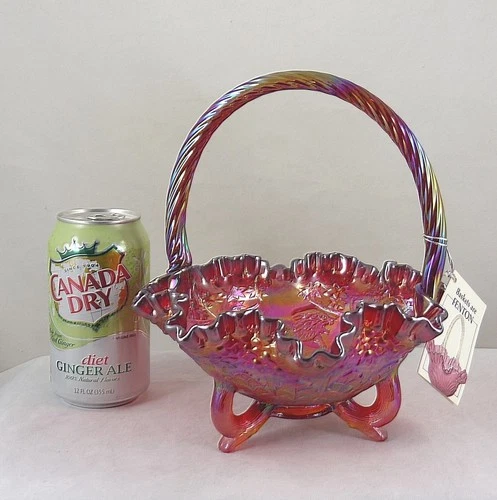 Fenton Family Signature Red Carnival Leaf & Lions 8" Tri Footed Handled Basket