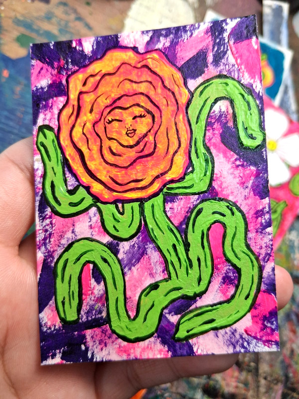 ACEO Original Art Whimsy Rose Happy Face Carnation Creature Magical Fae