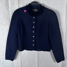 Geiger Tyrol Womens Navy Blue Boiled Wool Jacket Braided Velvet Trim Austria 38