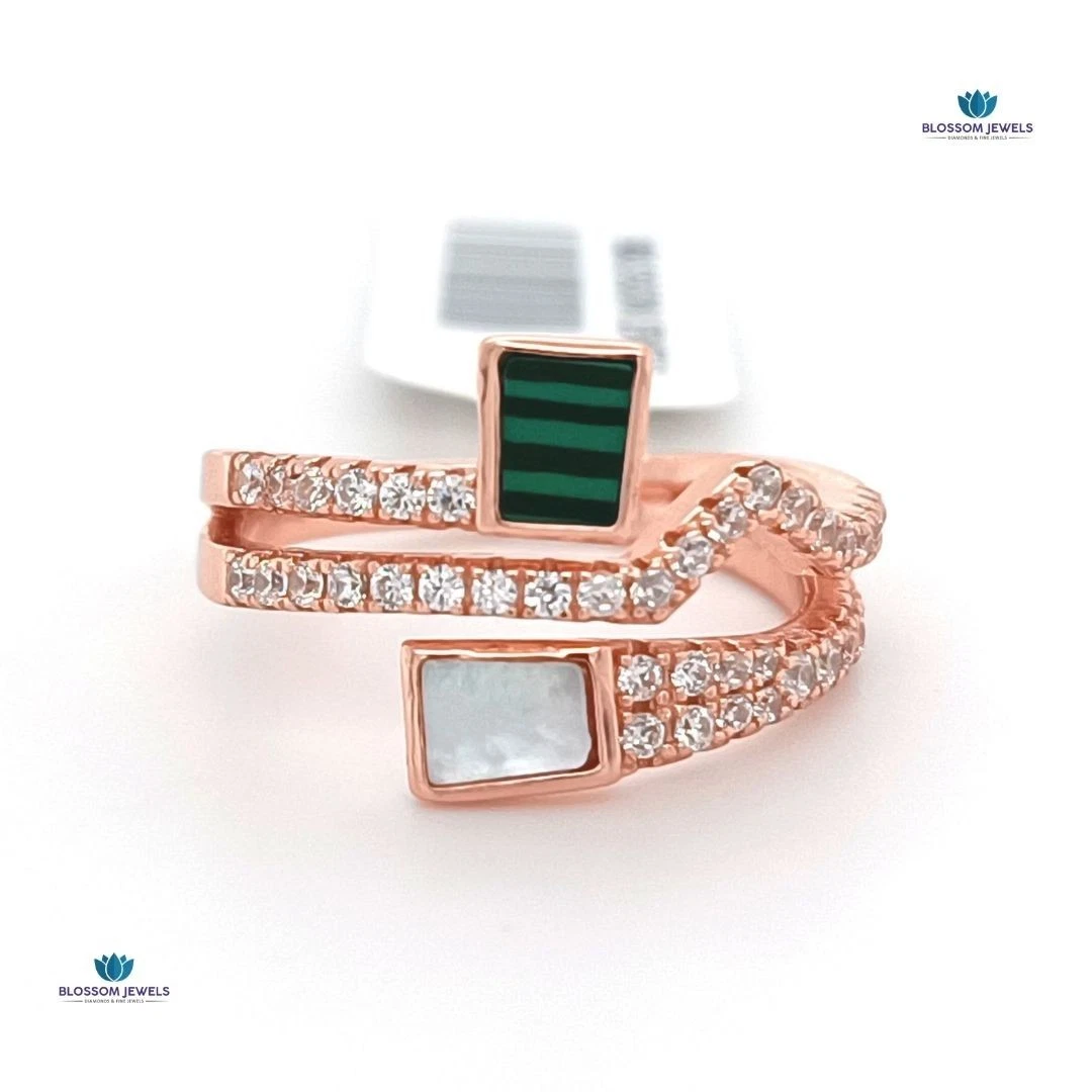 0.38 Ct Round Lab Grown CVD/Diamond/Malachite/MOP Ring 14K Rose Gold Plated