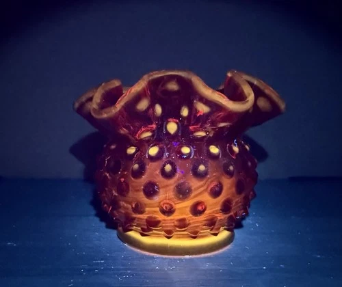 GLOWS Vintage FENTON Amberina Orange Red Hobnail Glass Rose Bowl Vase w/ Ruffle