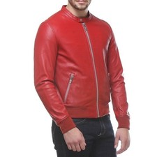 Giubbotto bomber rosso elegante in vera pelle di agnello da uomo fatto a...