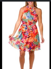 NWT Vince Camuto Floral Halter Dress Size 12 Pleated Chiffon Multicolor Summer