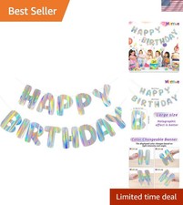 Banner de feliz cumpleaños iridiscente, decoraciones holográficas de cumpleaños precordadas...