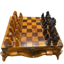 VTG Haiti Handmade Wooden Chess Box Set W Pieces Painted Woman Mountains Flower