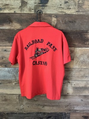 Vintage 70s Las Vegas Railroad Pass Casino Bowling Shirt Red Rockabilly Men's L