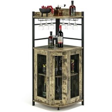 Corner Bar Cabinet Rustic Brown Wine Glass Rack & Liquor Storage Shelves Unit