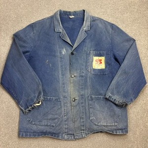 VINTAGE French Jacket Adult Large Blue Sun Faded Workwear Distressed Canvas Mens